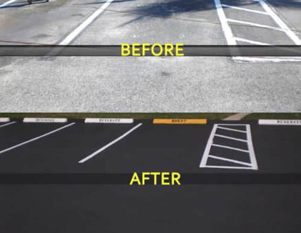 before and after photos of a re-paved and re-painted parking lot